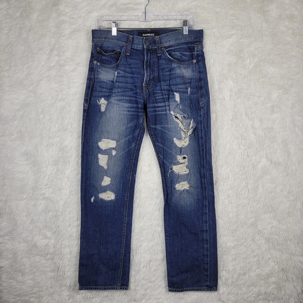 Express Rocco Slim Straight Distressed Jeans Mens 31x30 Blue Thrashed Grunge